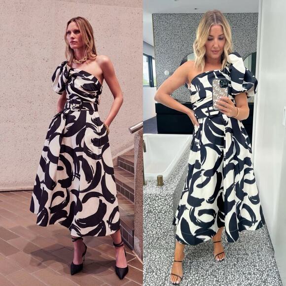 Rebecca Vallance Black White Pompidou One Shoulder Midi Dress size US 6 AUS 10 - Picture 1 of 15